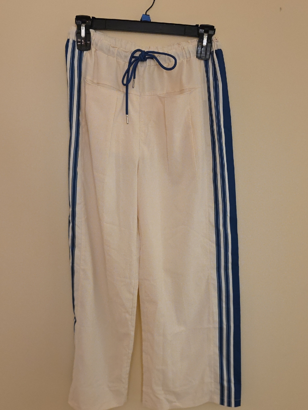 Cream Track Pants with Blue Stripes
